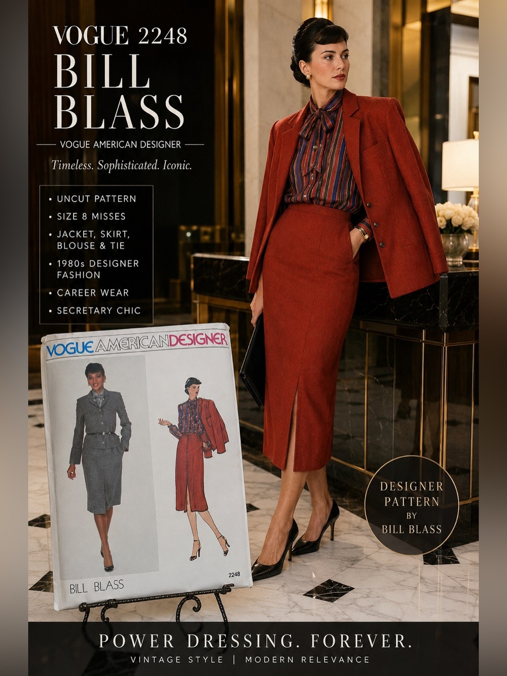 VOGUE 2248 Pattern Sz 8 Bill Blass Career Suit Blouse Secretary Chic Minimalist